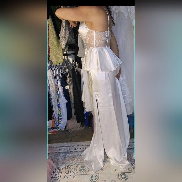 Lulus Iconic Adoration Wedding Dress New M White Satin Peplum Sheer Bustier Maxi - Picture 5 of 5